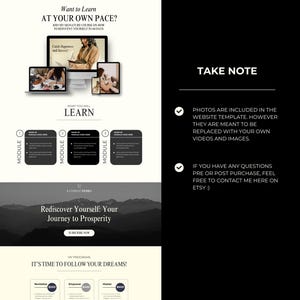 May include: Website template for an online course on personal growth and development. The template features a black and white color scheme with a mountain range background. The text "Want to Learn at Your Own Pace?" is displayed at the top of the page. The text "Rediscover Yourself: Your Journey to Prosperity" is displayed in the center of the page. The text "TAKE NOTE" is displayed on the right side of the page.