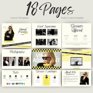 May include: A Canva template with 18 pages, featuring a virtual assistant theme. The design incorporates black, white, and yellow elements, with sections for work experience, services, and photography. The template includes the text "18 Pages", "Canva Template", and "Fully Customizable".