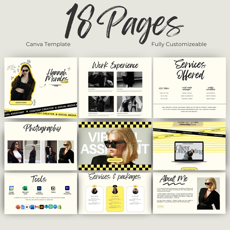 May include: A Canva template with 18 pages, featuring a virtual assistant theme. The design incorporates black, white, and yellow elements, with sections for work experience, services, and photography. The template includes the text "18 Pages", "Canva Template", and "Fully Customizable".