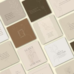 May include: An assortment of square cards in shades of brown, beige, and white, each featuring minimalist line art and romantic quotes. The cards display phrases like "Missing you is like a living hell" and "Love is the same".