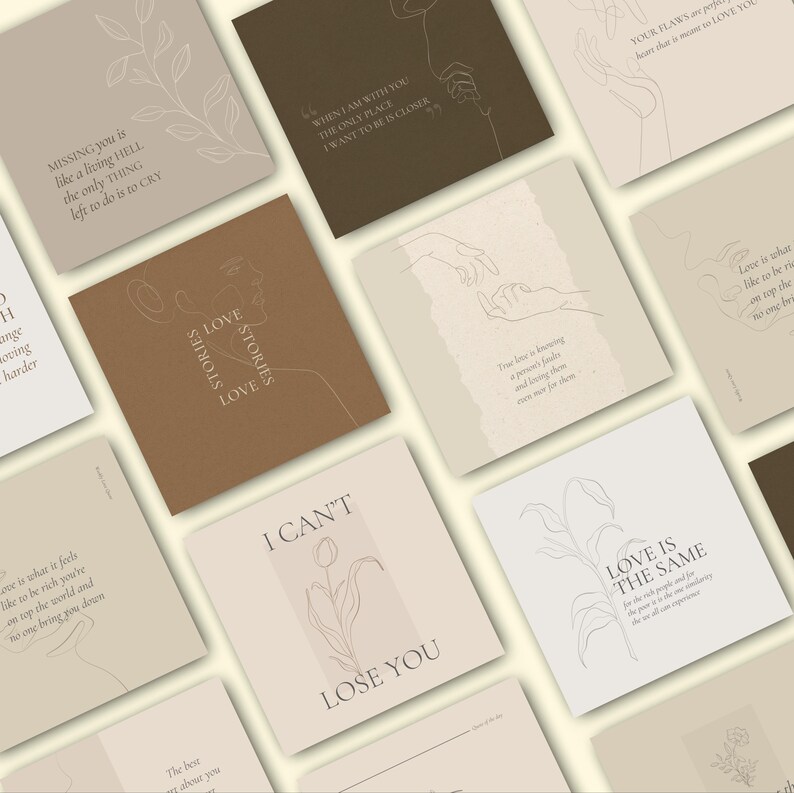 May include: An assortment of square cards in shades of brown, beige, and white, each featuring minimalist line art and romantic quotes. The cards display phrases like "Missing you is like a living hell" and "Love is the same".