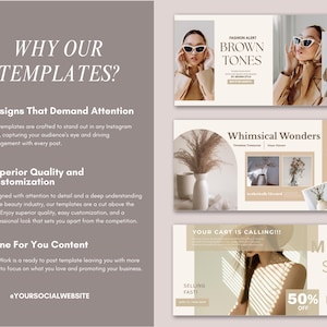 May include: A promotional graphic with the text "WHY OUR TEMPLATES?" and three sections highlighting design features. The graphic includes images of women wearing sunglasses and examples of social media templates.