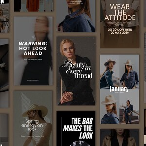 Puede incluir: Un collage de im&aacute;genes que promocionan la ropa y la moda. Las im&aacute;genes presentan modelos que visten diferentes atuendos, incluyendo un vestido negro, una chaqueta vaquera y una camisa blanca. El texto en las im&aacute;genes incluye frases como "Wear the Attitude", "Beauty in Every Thread", y "The Bag Makes the Look".