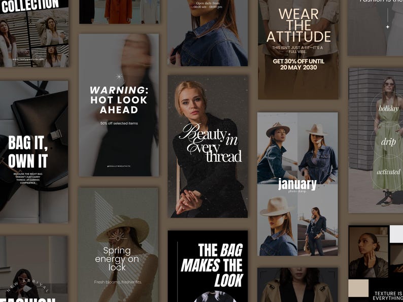 Puede incluir: Un collage de im&aacute;genes que promocionan la ropa y la moda. Las im&aacute;genes presentan modelos que visten diferentes atuendos, incluyendo un vestido negro, una chaqueta vaquera y una camisa blanca. El texto en las im&aacute;genes incluye frases como "Wear the Attitude", "Beauty in Every Thread", y "The Bag Makes the Look".