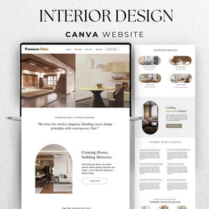 May include: A website design for interior design services. The website features a clean layout with images of interior spaces, a menu bar, and the text "INTERIOR DESIGN CANVA WEBSITE". The website showcases featured projects and service packages.