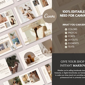 May include: A collection of Etsy shop banners with various product themes, including baby clothes, candles, and beauty products. The banners feature text like "Summer Essentials" and "Whimsical Wonders," and the Canva logo is visible. The image promotes editable templates.