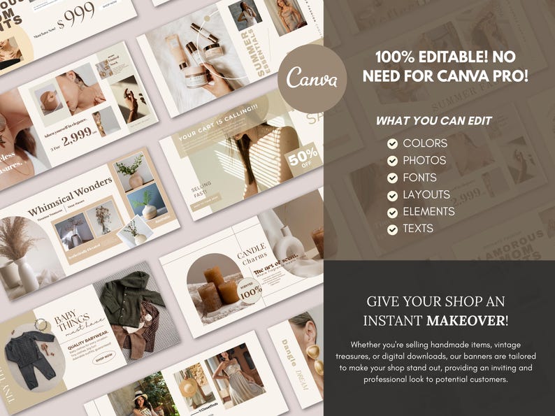 May include: A collection of Etsy shop banners with various product themes, including baby clothes, candles, and beauty products. The banners feature text like "Summer Essentials" and "Whimsical Wonders," and the Canva logo is visible. The image promotes editable templates.
