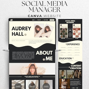 May include: A website mockup for a social media manager named Audrey Hall. The website features a black and white color scheme with a modern design. The website includes a photo of Audrey Hall, a section about her, and a section about her experience and education. The website also includes a section about brands she has worked with in the past.