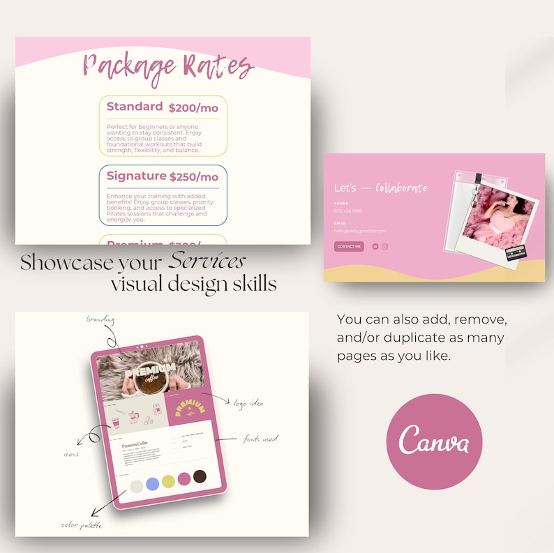 May include: A pink and white graphic design showcasing package rates, a collaboration page, and a tablet mockup. The tablet displays a coffee shop website design with branding elements, colour palette, and font examples. The Canva logo is also visible.