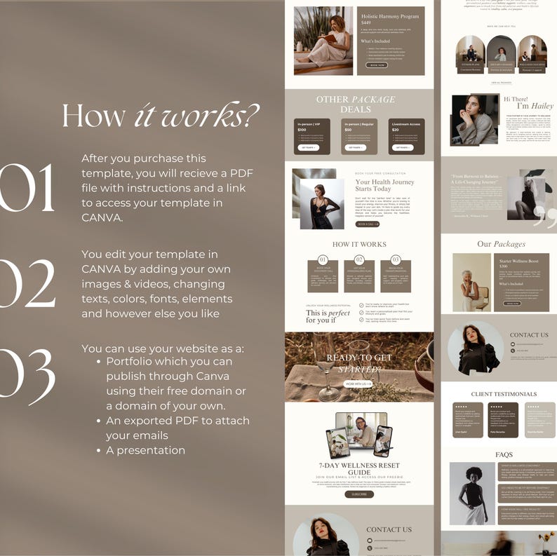 May include: A digital marketing template with a neutral color scheme. The design includes sections for packages, testimonials, and a wellness guide. Text includes "How it works?" and "Ready to get started."