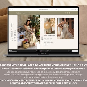 May include: A laptop displays a website template with images of summer dresses. The screen shows a woman in a striped dress, a straw hat, and text that reads "Summer dresses 2026." Below, text explains how to edit the template in Canva.