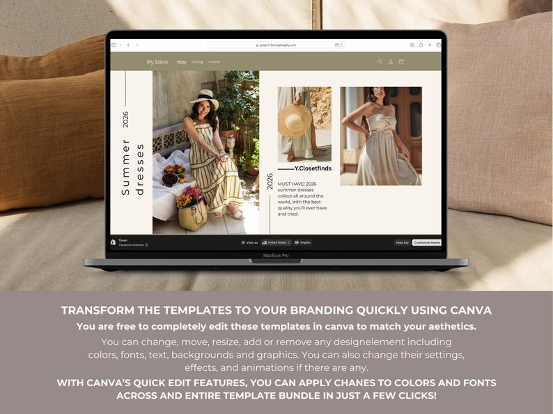 May include: A laptop displays a website template with images of summer dresses. The screen shows a woman in a striped dress, a straw hat, and text that reads "Summer dresses 2026." Below, text explains how to edit the template in Canva.