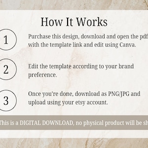 May include: A beige digital download graphic with the text "How It Works" and numbered steps. Instructions include purchasing, downloading, editing, and uploading to Etsy. The note states it is a digital download.