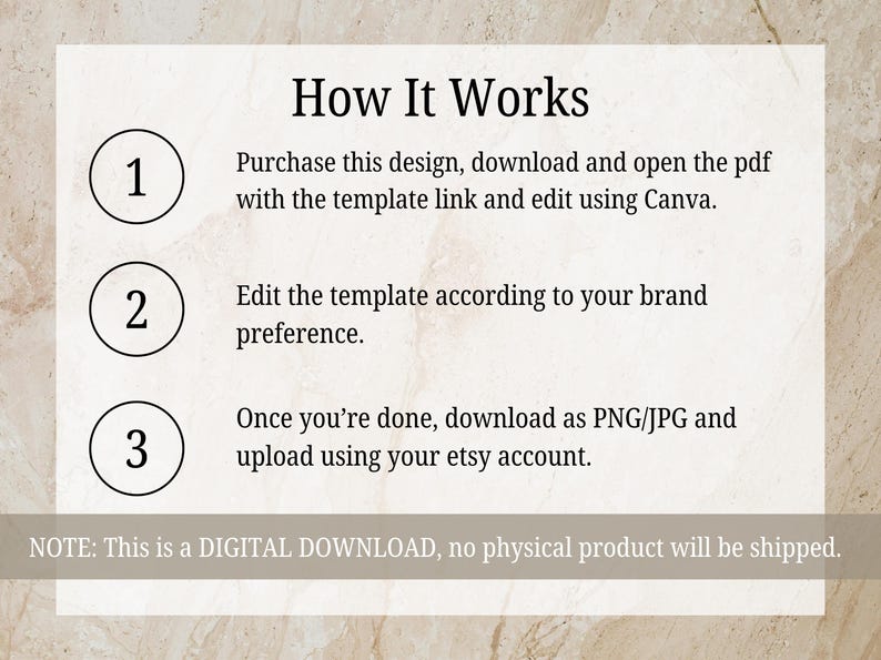 May include: A beige digital download graphic with the text "How It Works" and numbered steps. Instructions include purchasing, downloading, editing, and uploading to Etsy. The note states it is a digital download.