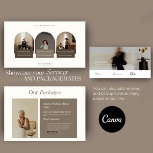 May include: A webpage layout with a neutral color scheme, showcasing wellness services. The design includes sections for fitness plans, dietary changes, and wellness coaching. Text includes "Showcase your Services and Package Rates" and "Our Packages."