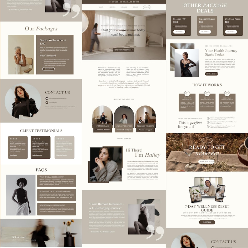 May include: A website layout with a neutral color palette, featuring sections for packages, testimonials, and contact information. The site promotes wellness with text like "Start your transformation today" and "7-Day Wellness Reset Guide."