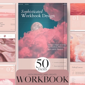 May include: A pink and blue workbook cover with a moon and clouds. The title is "Sophisticated Workbook Design" and the subtitle is "50 Pages with Private Label Rights Workbook".