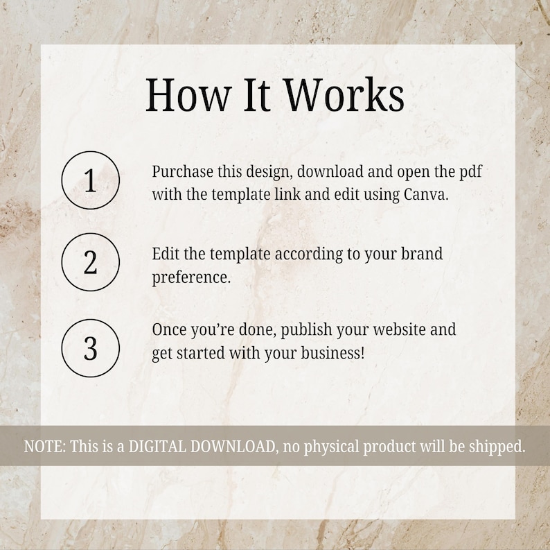 May include: A digital download graphic with the text "How It Works" at the top. The graphic outlines three steps: purchase, edit, and publish. The background is a light beige marble pattern. The text "NOTE: This is a DIGITAL DOWNLOAD" is at the bottom.