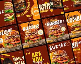 50 plantillas de Canva para publicaciones de Instagram para restaurantes de hamburguesas, MARKETING DE HAMBURGUESAS, Instagram de restaurantes editables, Instagram de hamburguesas, Instagram de comida