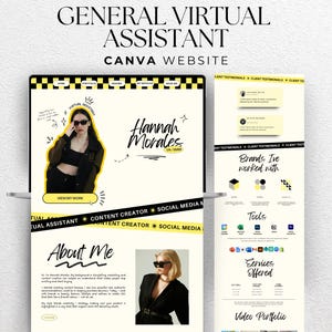 May include: A digital design showcasing a website for a virtual assistant, with the text "General Virtual Assistant Canva Website." The design includes a portfolio, resume, and services offered. The website features a photo of a woman wearing sunglasses.