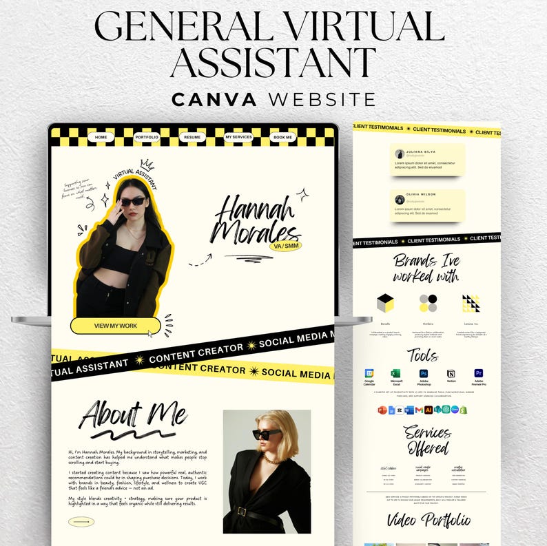 May include: A digital design showcasing a website for a virtual assistant, with the text "General Virtual Assistant Canva Website." The design includes a portfolio, resume, and services offered. The website features a photo of a woman wearing sunglasses.