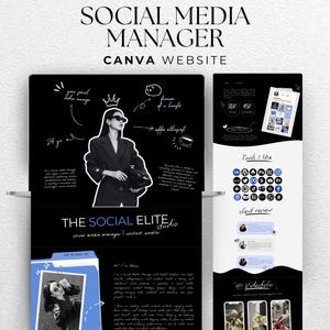 May include: A black and white Canva website design for a social media manager. The design includes a photo of a woman, text, and icons. The text includes "Social Media Manager," "Canva Website," and "The Social Elite Studio."