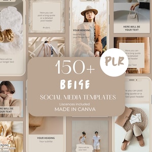 Könnte beinhalten: Eine Sammlung von über 150 beigefarbenen Social-Media-Vorlagen, die in Canva erstellt wurden. Die Vorlagen bieten eine Vielzahl von Designs, darunter Bilder von Frauen, Schmuck und Text. Der Text auf den Vorlagen enthält die Wörter "150+ Beige Social Media Templates", "Lizenzen inklusive" und "Erstellt in Canva".