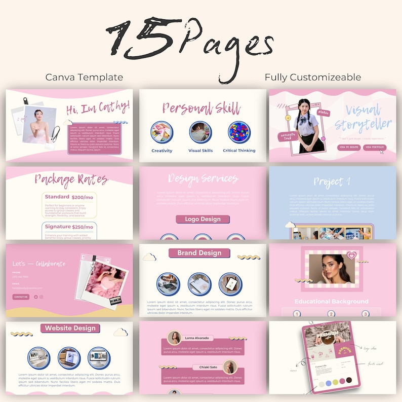 May include: A pink Canva template with 15 pages, showcasing design services, package rates, and website design examples. The template includes the text "Hi, I'm Cathy!" and "Personal Skill."