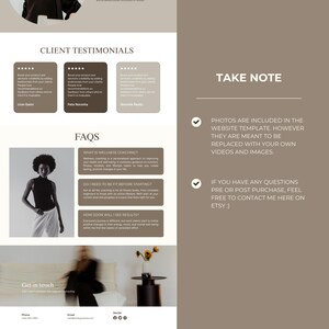 May include: A webpage layout with client testimonials, FAQs, and a "Take Note" section. The design features a neutral color palette with text and images. The page includes a photo of a person and text that reads "Get in touch."