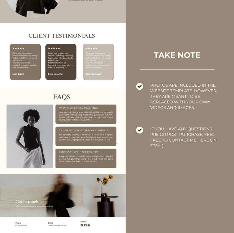 May include: A webpage layout with client testimonials, FAQs, and a "Take Note" section. The design features a neutral color palette with text and images. The page includes a photo of a person and text that reads "Get in touch."