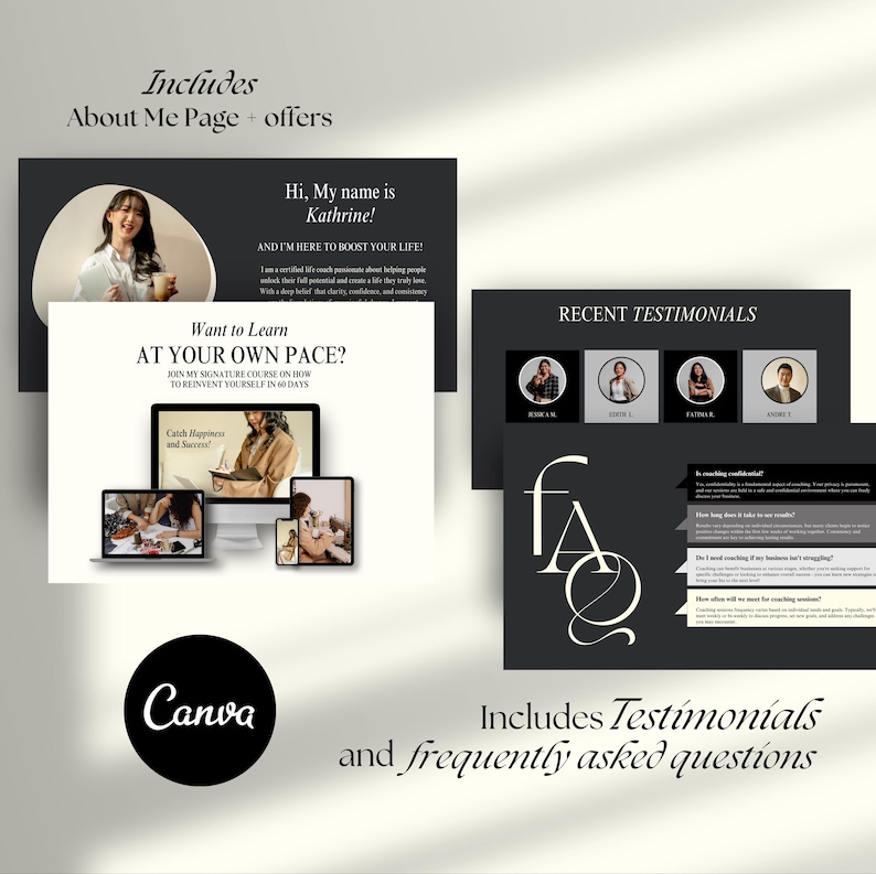May include: A Canva presentation slide with a black and white design. The slide includes a photo of a woman, text that says "Hi, My name is Kathrine!" and "Want to Learn AT YOUR OWN PACE?", and a section with recent testimonials and frequently asked questions.