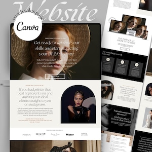 May include: Website mockup with a light beige background and black text. The text reads "coach sales page Canva website". The website features a photo of a woman wearing a large straw hat and a black dress. The text "Get ready to up-level your skills and start attracting your DREAM clients." is displayed below the photo. The text "If you had photos that best represent you and attract your ideal clients straight to you on Instagram." is displayed below the text. The website also features a section with the text "FASHION BEAUTY Maker".