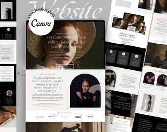 May include: Website mockup with a light beige background and black text. The text reads "coach sales page Canva website". The website features a photo of a woman wearing a large straw hat and a black dress. The text "Get ready to up-level your skills and start attracting your DREAM clients." is displayed below the photo. The text "If you had photos that best represent you and attract your ideal clients straight to you on Instagram." is displayed below the text. The website also features a section with the text "FASHION BEAUTY Maker".
