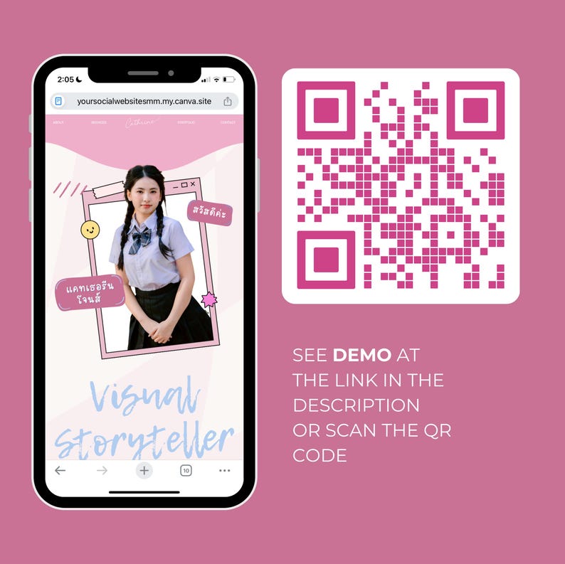 May include: A mobile phone screen shows a website with a photo of a person in a school uniform. The text on the phone reads "Visual Storyteller" and "See demo at the link in the description or scan the QR code." A pink QR code is on the right.