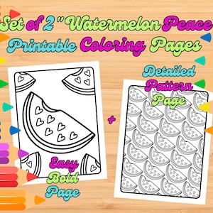 Paquete de 2 páginas para colorear de sandía y paz (1 diseño llamativo + 1 estampado) / Actividad relajante para niños y adultos / Salud mental Montessori