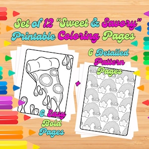 Paquete de 12 páginas para colorear dulces y saladas (6 diseños llamativos + 6 con estampados) / Actividad relajante para niños y adultos / Salud mental Montessori