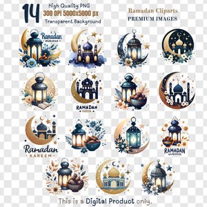 Ramadan Sublimation PNG Bundle – Blue & Glitter Gold Islamic Designs, 300 DPI, Transparent Background, Ramadan Kareem, Eid Clipart