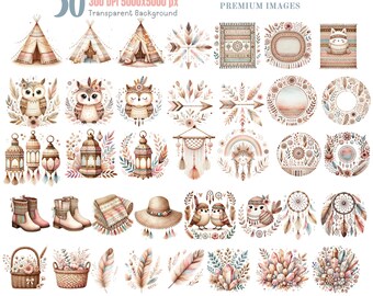 50 Bohemian Clipart Bundle, Boho Chic, Boho Png Graphics, Watercolor Boho Png, Boho Sublimation Shirt Designs, Nursery Art work, Digital Art