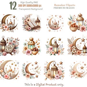 Ramadan PNG Clipart Bundle - Islamische Sublimationsdesigns, hochauflösende 5000x5000 px, 300 DPI Digital Download, Neutral Pastell, Digital