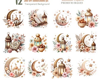 May include: Twelve digital illustrations of Ramadan themed clipart. The illustrations feature crescent moons, stars, lanterns, flowers, and mosques. The illustrations are in a watercolor style and have a soft, pastel color palette.