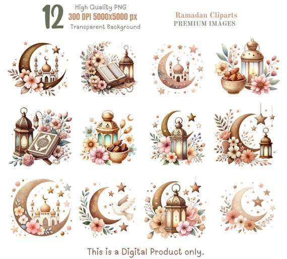 Ramadan PNG Clipart Bundle – Islamic Sublimation Designs, High-Resolution 5000x5000 px, 300 DPI Digital Download, Neutral Pastel, Digital