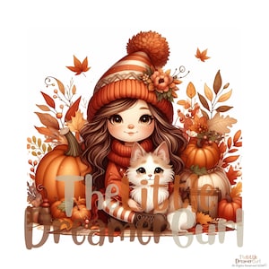 Herbst Zwergen Mädchen mit Katze in Herbst Kleidung - Herbst Boho & Thanksgiving Digital Clipart PNG Bilder Bundle, Herbst Zwergen 300 DPI PNG Bilder