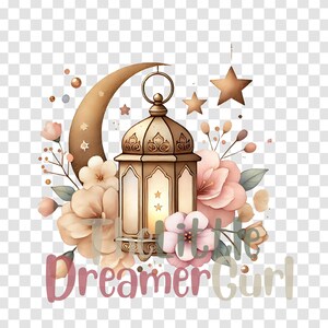 May include: A gold lantern with a crescent moon and stars, surrounded by pink and white flowers. The text "The Little Dreamer Girl" is written below the lantern.