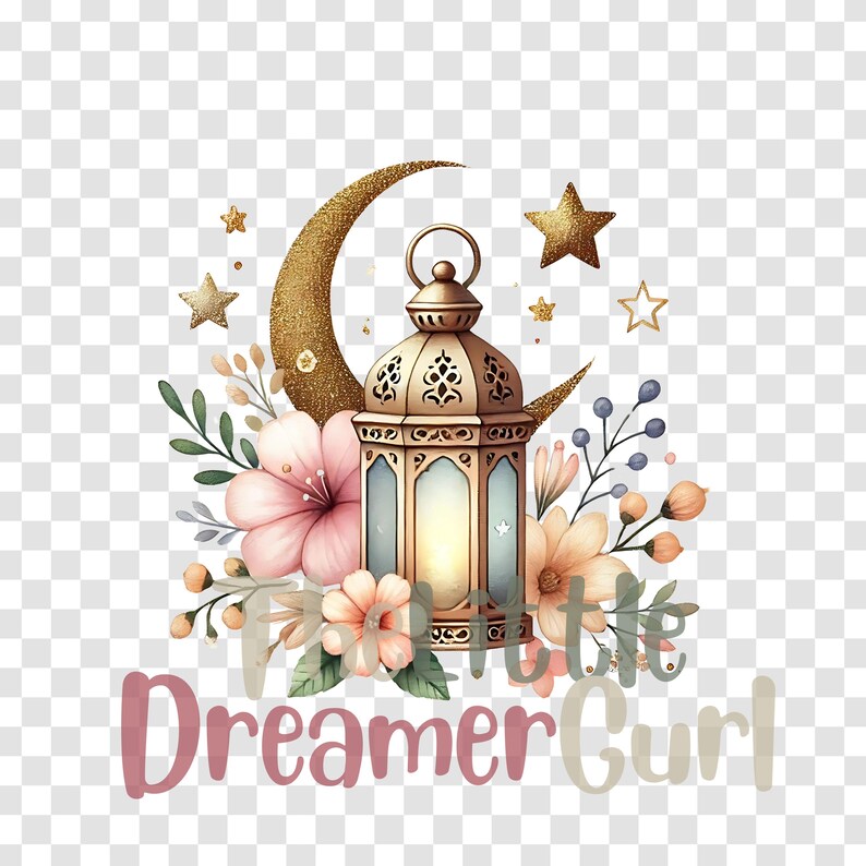 May include: A gold lantern with a crescent moon and stars, surrounded by pink and peach flowers. The text "Little Dreamer Girl" is below the lantern.