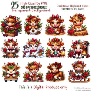Christmas Highland Cows Png, Coquette Christmas PNG Bundle, Highland Cows Clip art, Christmas Animals, Holiday Sublimation Design, 300 DPI,