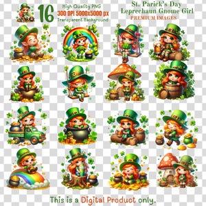 16 Leprechaun Gnome Girls PNG Cliparts – Dia de São Patrício Sublimação PNGs, 5000x5000 px, 300 DPI Digital Download, Irish Gnome Watercolor