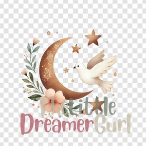 May include: A watercolor illustration of a crescent moon with a white dove perched on it. The moon is decorated with gold stars and floral accents. The text "Little Dreamer Curl" is written in pink below the moon.