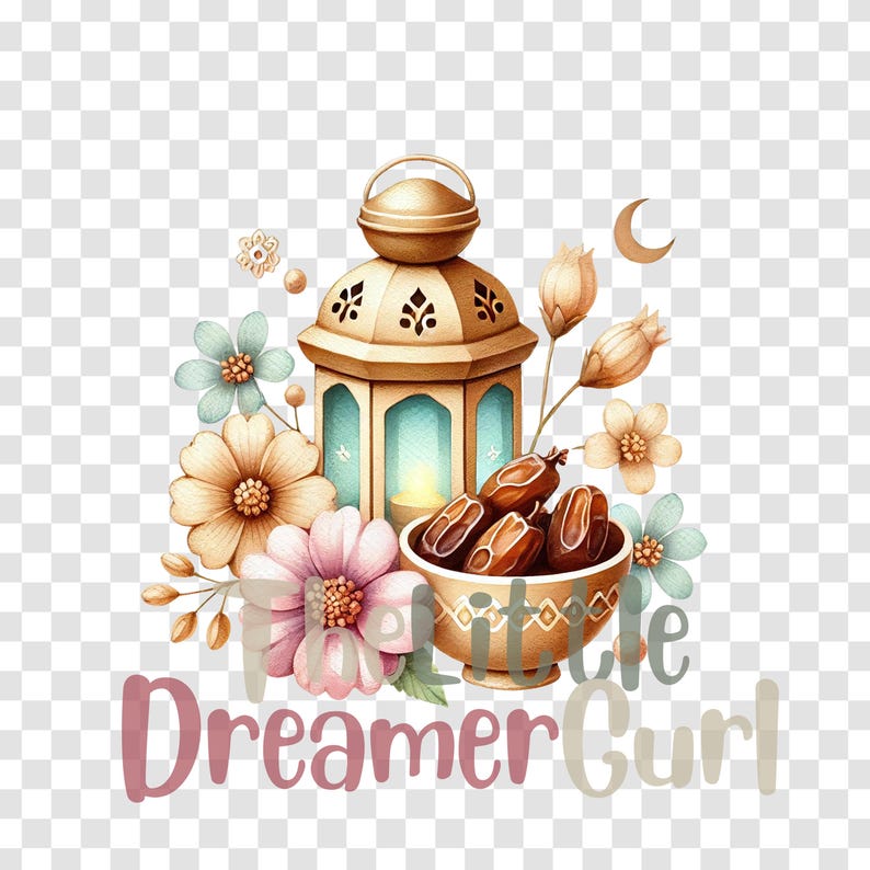 May include: A watercolor illustration of a golden lantern with a blue glass panel, surrounded by delicate flowers and dates in a bowl. The text "The Little Dreamer Curl" is written below the image.