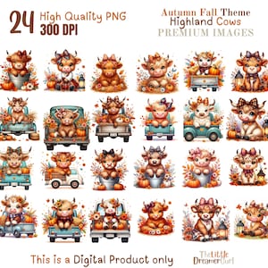 24 imágenes prediseñadas de vaca de las tierras altas en otoño PNG: animales rústicos de otoño, arte digital de acción de gracias y cosecha, paquete de imágenes prediseñadas de vacas de las tierras altas, coqueta