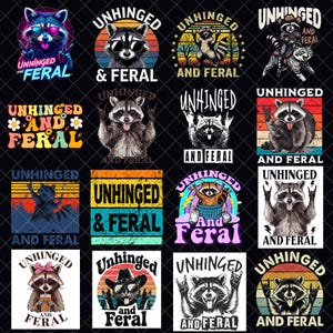 Unhinged And Feral PNGバンドル、Rock'n Feral Possum PNG、Rock And Roll Raccoon、Funny Sarcastic Quote PNG、Vintage Feral PNG